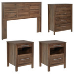 OSP Home Furnishings - Stonebrook 4 Piece Bedroom Set, Classic Walnut Finish, Classic Walnut - Create the perfect bedroom or guest room with our Stonebrook bedroom set. Suite includes: One Queen/full headboard, Two USB powered nightstands, one 4-drawer chest. Deep drawers make putting even bulky folded items away easy. Chest drawers have sturdy metal drawer glides with safety stops, elevating this chest to a bedroom favorite for years to come. Achieve a chic, modern, aesthetic with either a blonde or deep walnut woodgrain finish that will fit in effortlessly with popular styles like Rustic Coastal, Modern Farmhouse or an eclectic Boho vibe. Assembly required. 4-Drawer Dim-31.25" x 17.5" D x 41.25" H, Nightstand- 18.5" W x 18" D x 24.75" H, Queen/Full Headboard dim- 67" W x 3" D x 48.25" H