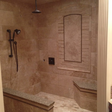 Custom Travertine shower with Schluter Line Drain