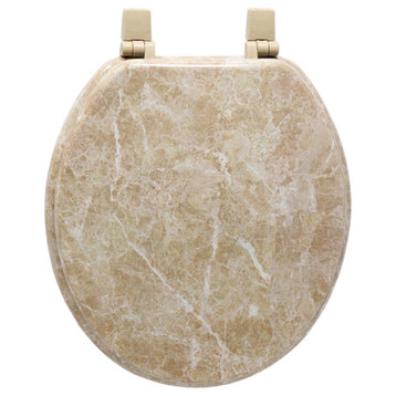 Trimmer Faux Marble Design Wood Toilet Seat, Tan Marble