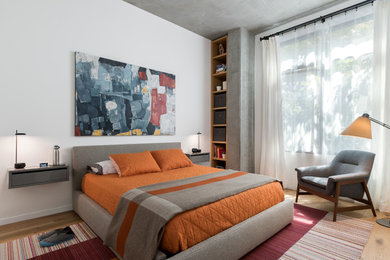 Example of a small eclectic master light wood floor bedroom design in San Diego with white walls