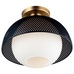 Maxim - Perf One Light Flush Mount - The Perf Pendant features a spherical glass shade housed within a matte Black perforated metal shade with Satin Brass accents. The blown glass globe provides pleasant surface diffusion while casting an optimal level of downlight. The additional metal spun shade features a perforated detailing producing a unique dappled effect. Suspended gracefully from a field adjustable rayon covered cord and treated with a two-tone matte Black and Satin Brass finish this collection will certainly make an impact on your living space.