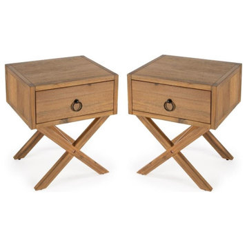 Home Square Wood One Drawer End Table in Natural Finish - Set of 2