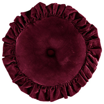 Stella Faux Silk Velvet Ruffled Round Pillow, 18", Garnet Red, 1 Piece