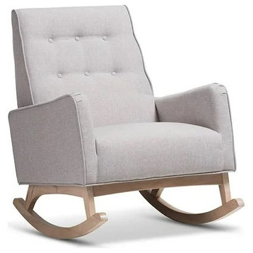 Retro Modern Rocking Chair, Whitewash Wooden Base and Grayish Beige Fabric Seat