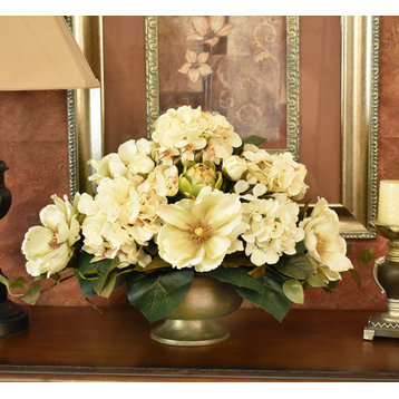 Cream Magnolia and Hydrangea Silk Floral Centerpiece
