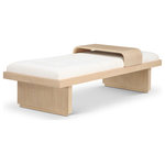 Meridian Furniture - Arlington Chenille Fabric Upholstered Bench, Cream, Natural Finish - Bring home this versatile cream Arlington chenille fabric bench, a fusion of comfort and functionality and form meets function. Upholstered in soft cream chenille fabric that feels great against the skin and is easy to care for, this cozy, luxurious bench has a solid wood base with a rich natural finish for sturdiness, durability, and timeless appeal. A moveable sliding wooden tray on this mid-century modern bench offers both convenience and versatility for your space.