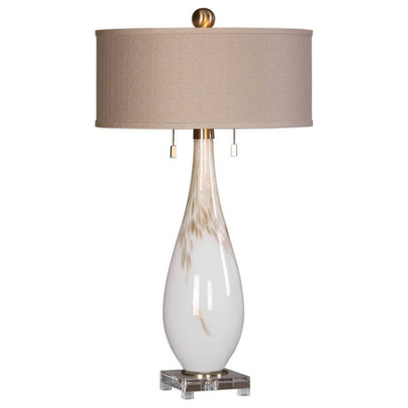 Cardoni 2-Light Gloss White Glass Table Lamp in Brushed Brass