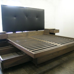 platform bed with drawers, sidetables and leather headboard - Furniture