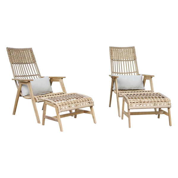 4-Piece Teak Bohemian Basket Lounger Set With Matching Ottomans