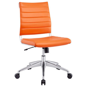 Modern Office Chair, Armless Design With Ribbed Faux Leather Seat & Back, Orange