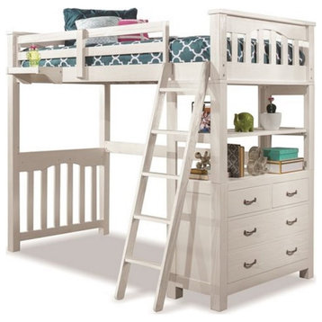 Pemberly Row Twin Wooden Loft Bed with Dresser and Hanging Nightstand in White