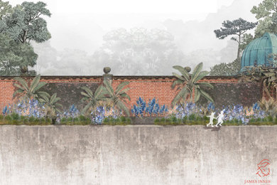 Design ideas for an expansive retro courtyard formal partial sun garden for summer in Other with a flowerbed, natural stone paving and a stone fence.