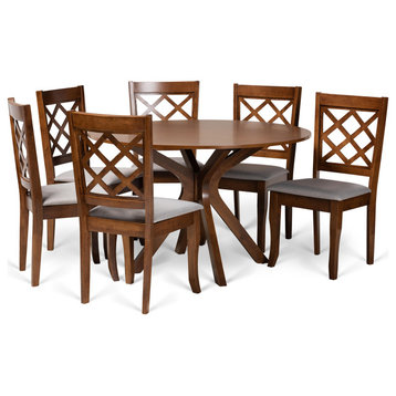 Cleo Modern Gray Fabric and Walnut Brown Wood 7-Piece Dining Set