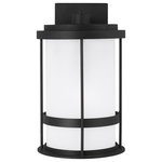 Generation Lighting - Generation Lighting 8690901D Wilburn 14" Tall Outdoor Wall Sconce - Black - Features: Constructed from aluminum Includes a satin etched glass shade Requires (1) 60 watt maximum Medium (E26) bulb Dimmable with compatible dimming bulbs Intended for outdoor use Made in China ETL listed for installation in wet locations Meets California Title 24 energy standards Dimensions: Height: 13-1/2" Width: 8" Extension: 9-3/8" Product Weight: 4.51lbs Wire Length: 6-1/2" Shade Height: 10-3/8" Shade Width: 5-7/8" Electrical Specifications: Max Wattage: 60 watts Number of Bulbs: 1 Max Watts Per Bulb: 60 watts Bulb Base: Medium (E26) Voltage: 120 Bulb Included: No