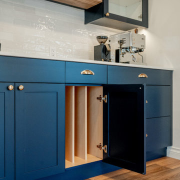 Modern Navy Wet Bar with Custom Cutting Board and Tray Storage