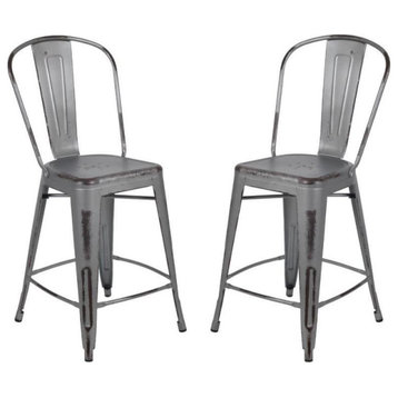 Home Square 2 Piece Metal Slat Back Counter Stool Set in Distressed Silver Gray