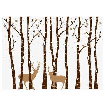 Birch Tree Wall Decal Forest With Snow Birds and Deer Vinyl Sticker Removable