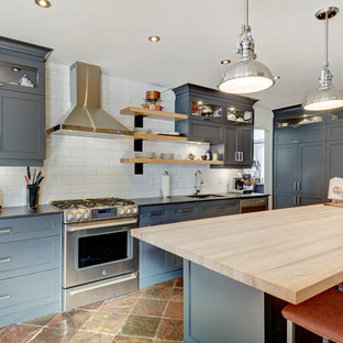 75 Beautiful Travertine Floor Kitchen With Wood Countertops