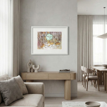 Contemporary Neutral Living Room with Light Oak Console and Marble Coffee Table