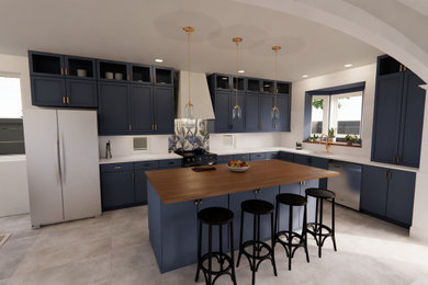 Inspiration for a mid-sized craftsman l-shaped laminate floor and gray floor eat-in kitchen remodel in Portland with a single-bowl sink, shaker cabinets, blue cabinets, quartz countertops, white backsplash, mosaic tile backsplash, stainless steel appliances, an island and white countertops