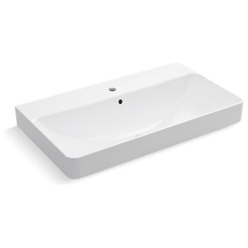 Kohler Vox Rectangle Trough Vessel Bathroom Sink with Single Faucet Hole, White