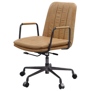 Minimalistic Office Chair, Padded Top Grain Leather With Ribbed Backrest, Cognac