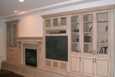 Inspiration for a mid-sized timeless enclosed porcelain tile living room library remodel in Las Vegas with a standard fireplace, a tile fireplace and a media wall