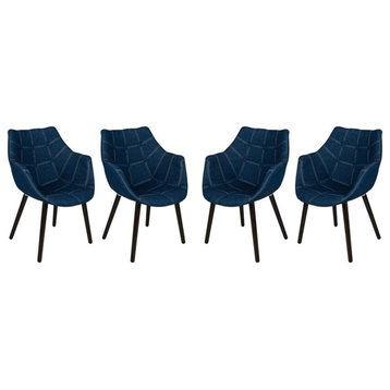 LeisureMod Mid-Century Milburn Tufted Denim Accent Arm Chair in Blue Set of 4