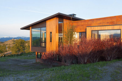Inspiration for a large contemporary brown two-story wood exterior home remodel in Other with a green roof