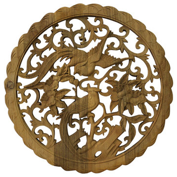 Chinese Round Wood Flower Birds Wall Plaque Hanging Panel