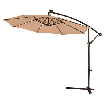 Costway 10' Hanging Solar LED Umbrella Patio Sun Shade Offset Market W/Base