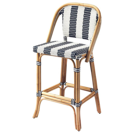 Bar Stool Coastal Beach Distressed Blue Rattan Plastic Weave Outdoor