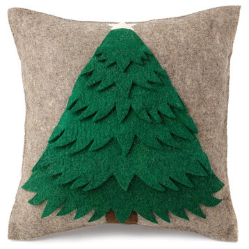 Handmade Christmas Cushion Cover in Hand Felted Wool - Green Tree on Gray - 20"