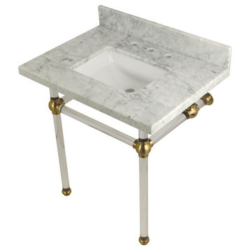30X22 Marble Vanity Top w/Acrylic Console Legs, Carrara Marble/Brushed Brass