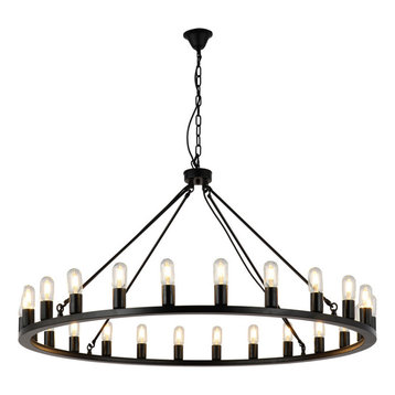 24-Light Candle Wagon Wheel Chandelier Farmhouse Black Pendant Lights, Black