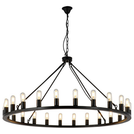 24-Light Candle Wagon Wheel Chandelier Farmhouse Black Pendant Lights, Black