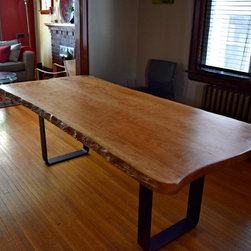 LIVE EDGE SALVAGED CHERRY HARVEST TABLE WITH METAL BASE - Dining Tables
