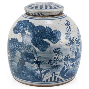 Blue & White Vintage Ming Jar Pine Motif, Large