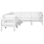 Meridian Furniture - Nizuc Water Resistant Patio L-Shaped Modular Sectional, White, 5-Piece: 2 Armless Chair, 3 Corner Chair, White Aluminum Frame - Pick and choose your favorites from the Nizuc collection to create a modular seating group the whole gang will enjoy. The sturdy aluminum frame provides dependable support for friends and family as they relax and unwind, and the resilient white water resistant fabric stands up to the elements without losing its beautiful demeanor, so you can count on it lasting for the long haul. Latches beneath these seating pieces help you easily attach them to one another for convenient setup.