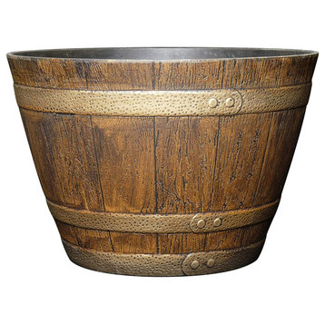 Classic Home and Garden Whiskey Resin Flower Pot Barrel Planter, Oak Brown, 15"