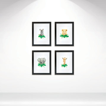 "Safari Littles" Set of Four Framed Prints With Mat, Black, 11x14
