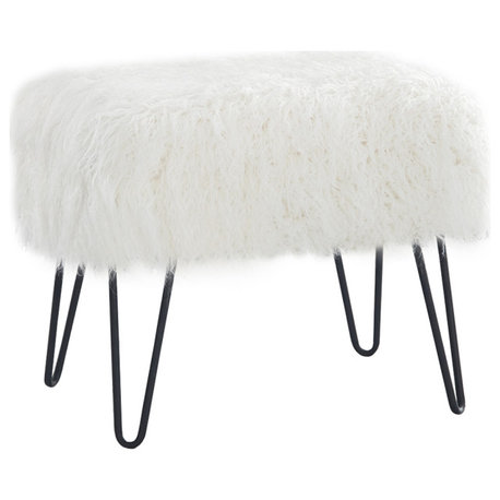 Mongolian Fur Ottoman, Antique White, 19''x13''x17''