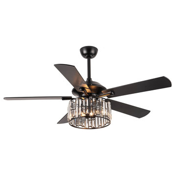 52 in Modern Crystal Ceiling Fan with Remote Control, Matte Black