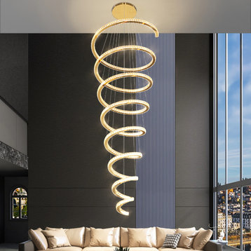 La Penne | Long Spiral Hanging Crystal Golden Chandelier, Gold, Dia23.6xh59.1", Warm Light, Dimmable