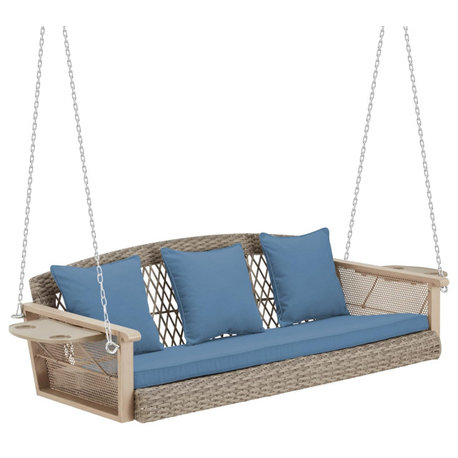 3-Seater Porch Swing 55in Wicker Hanging Swing Bench with Cushions, Blue