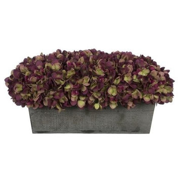 Artificial Plum/Sage Hydrangea in Grey-Washed Wood Ledge
