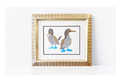 "Two Blue-Footed Boobies" - Framed Original Painting