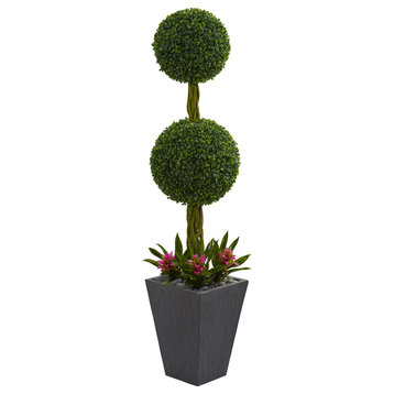 5' Double Boxwood Ball Topiary Artificial Tree, Slate Planter, Indoor/Outdoor