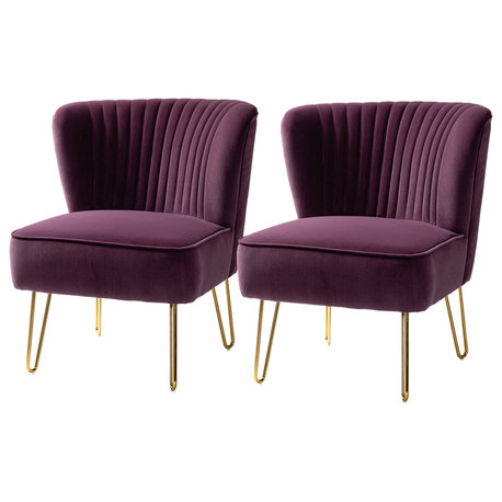 Upholstered Accent Side Chair With Tufted Back Set of 2, Purple