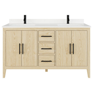 Vienna 60" Double Vanity With With Power Bar and Drawer Organizer, White Oak